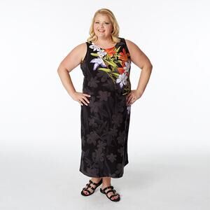 NWT Quacker Factory Floral Printed Knit Maxi Dress Sleeveless Tropical Hawaii 1X